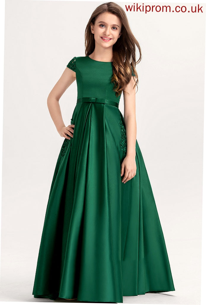 Lace Ball-Gown/Princess Neck Bow(s) Satin Floor-Length Pockets With Junior Bridesmaid Dresses Sophia Scoop