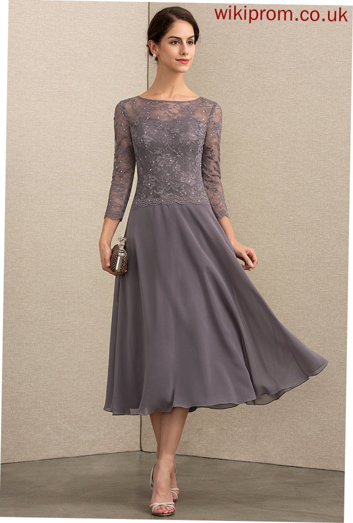 Chiffon Neck A-Line Sequins Cocktail Scoop Sabrina Cocktail Dresses Lace Tea-Length With Dress