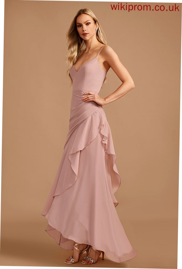 Silhouette Asymmetrical Fabric Length V-neck Ruffle Trumpet/Mermaid Neckline Embellishment Abril Spaghetti Staps Natural Waist Bridesmaid Dresses