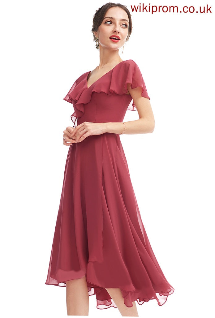 A-Line Prudence Ruffle Asymmetrical Cocktail Chiffon V-neck Dress With Cocktail Dresses