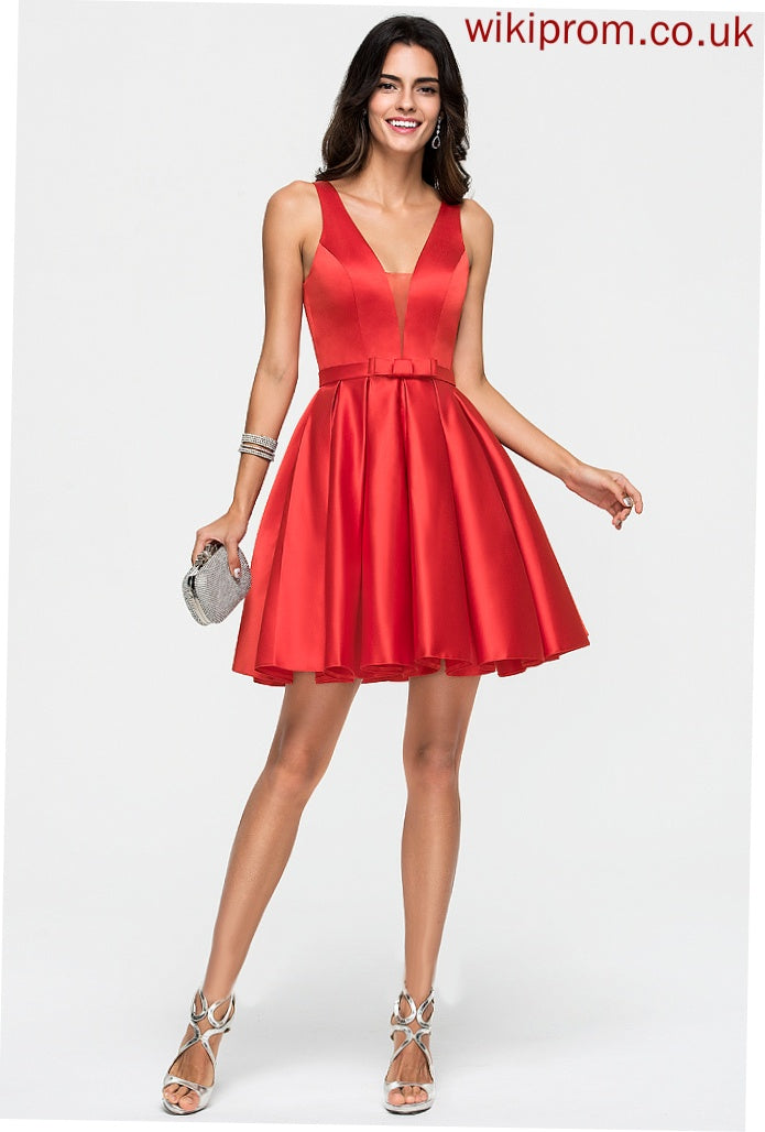 Satin Dress Bow(s) V-neck A-Line With Short/Mini Homecoming Homecoming Dresses Amira