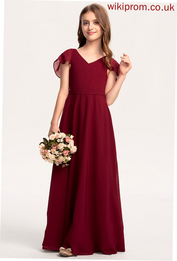 V-neck Junior Bridesmaid Dresses Ruffles Katie With Floor-Length A-Line Cascading Chiffon