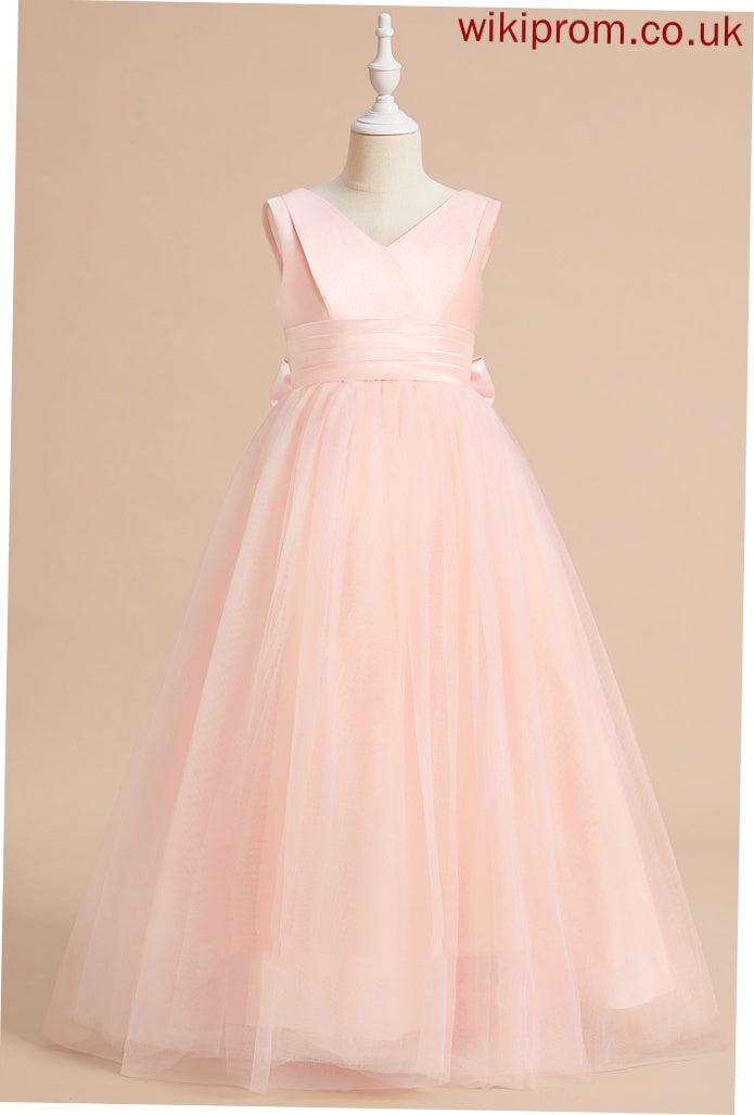 Girl V-neck - Flower Girl Dresses Bow(s) Satin/Tulle Dress With Floor-length Sleeveless Flower Bethany Ball-Gown/Princess