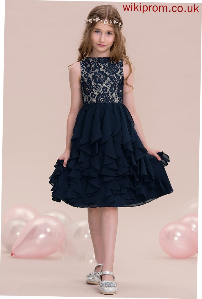 Scoop A-Line Ruffles Junior Bridesmaid Dresses Mikayla Neck Cascading With Knee-Length Chiffon