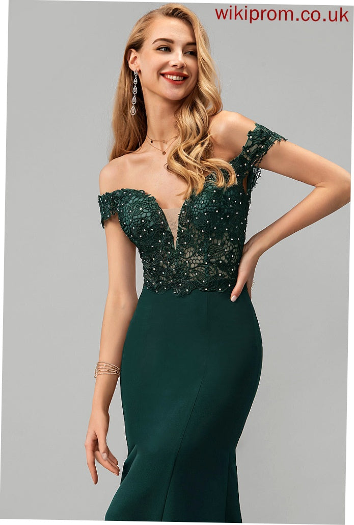 Trumpet/Mermaid Beading Lace Prom Dresses Train Crepe Sweep Sequins Melanie With Stretch Off-the-Shoulder