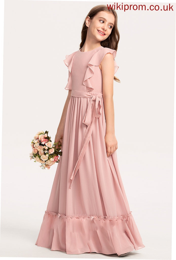 Floor-Length Bow(s) Katharine Cascading A-Line With Chiffon Neck Junior Bridesmaid Dresses Ruffles Scoop