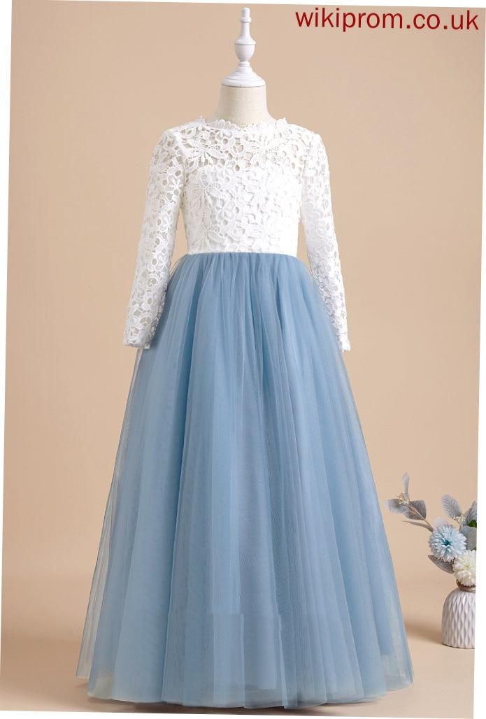 Tulle/Lace Bow(s)/V Floor-length Girl - Ball-Gown/Princess Flower Neck Flower Girl Dresses With Sleeves Back Scoop Long Dress Hannah