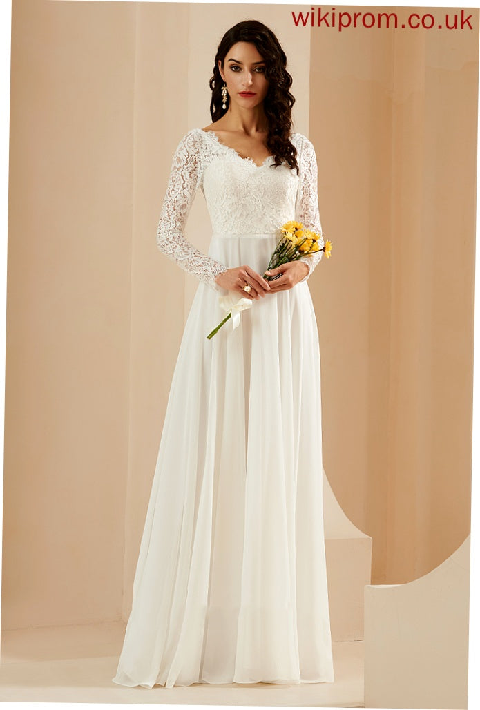 Wedding Wedding Dresses Train A-Line Chiffon Sweep Kenya Lace Dress V-neck With