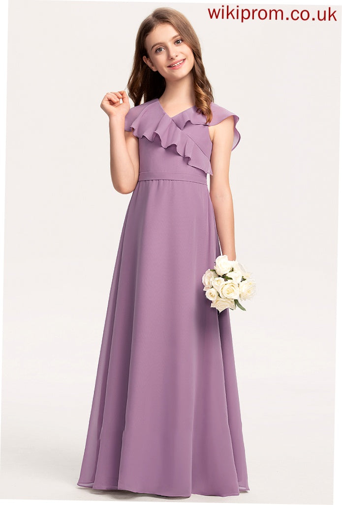 Junior Bridesmaid Dresses Cascading With V-neck Ruffles Chiffon A-Line Floor-Length Megan Bow(s)