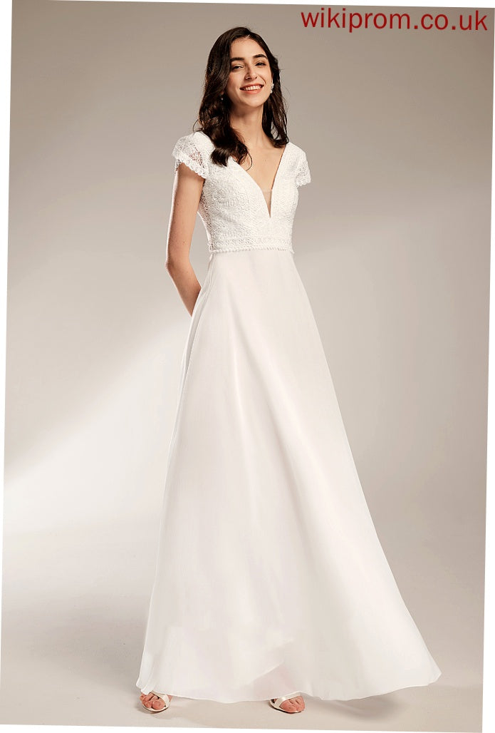 A-Line Leslie V-neck Wedding Dresses Floor-Length Lace Chiffon Wedding Dress