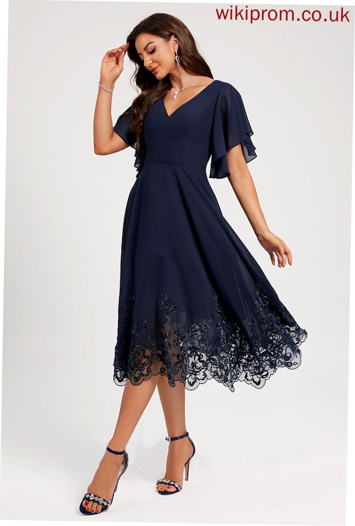 Cocktail Sequins V-neck Sadie Dress Tea-Length Lace Lace A-Line Sequined With Cocktail Dresses