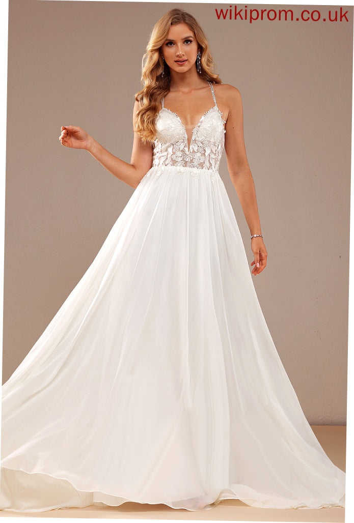 Sequins Wedding Sweep Train Dress V-neck Chiffon Beading With A-Line Wedding Dresses Lace Leanna