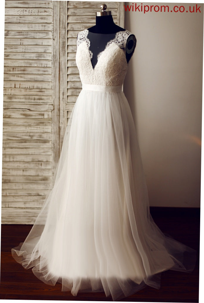 Tulle Wedding Dresses Dress Lea V-neck Lace Wedding A-Line Sweep Train