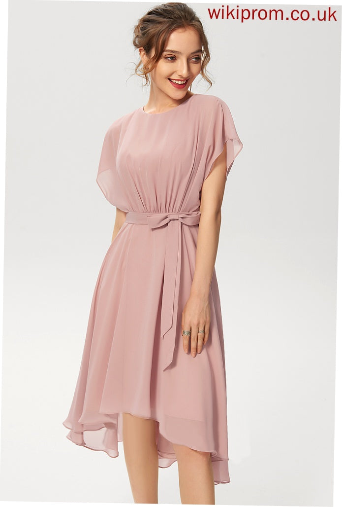 Asymmetrical With Cocktail Chiffon Dress Cocktail Dresses Bow(s) Ruffle A-Line Giana Scoop Neck