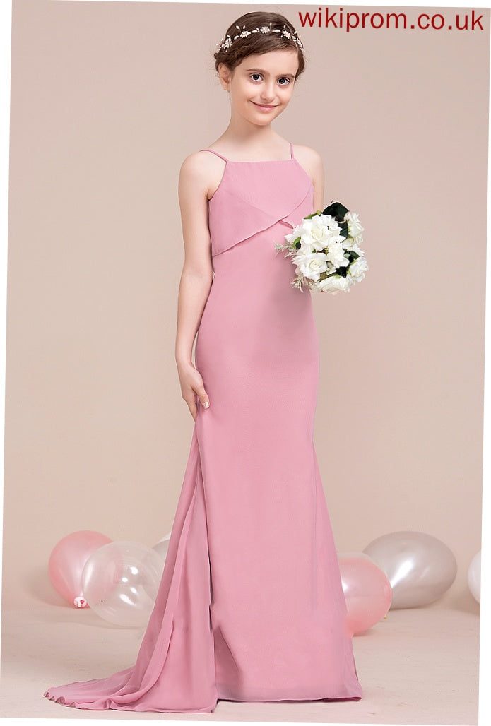 Trumpet/Mermaid With Haylee Junior Bridesmaid Dresses Neckline Chiffon Train Square Cascading Ruffles Sweep