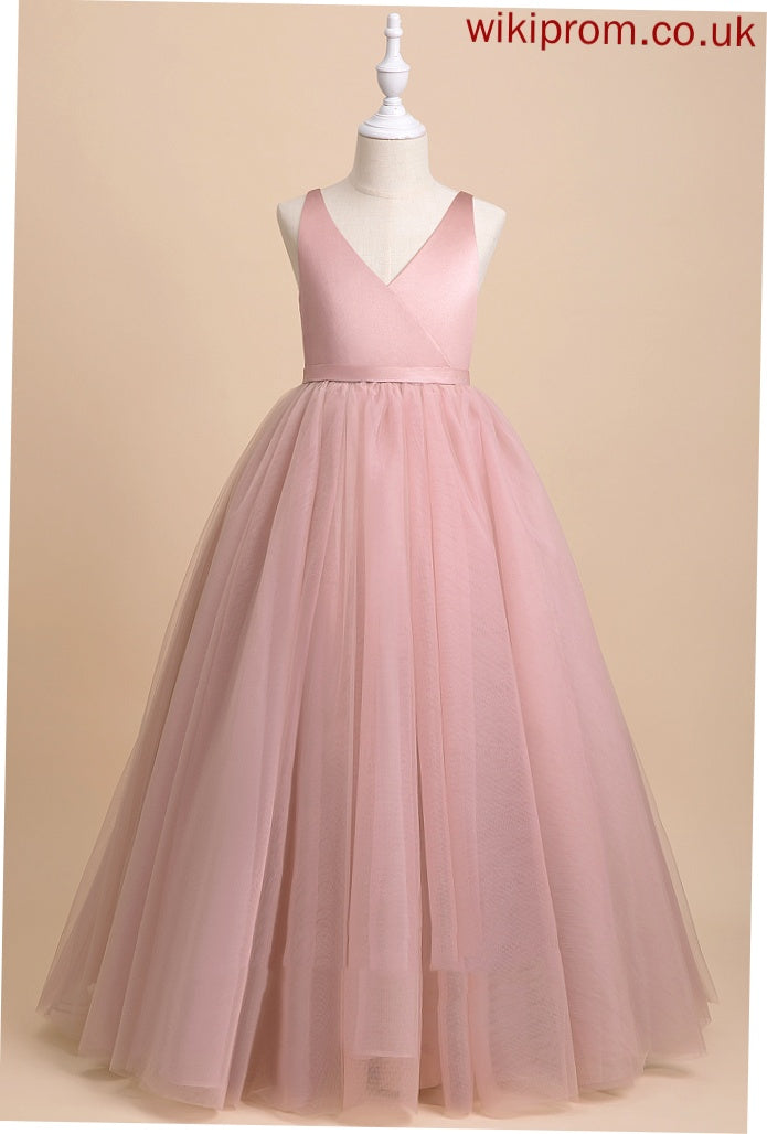 Floor-length Dress Ball-Gown/Princess Sloane V-neck Girl Tulle Back Bow(s)/V With Sleeveless - Flower Flower Girl Dresses