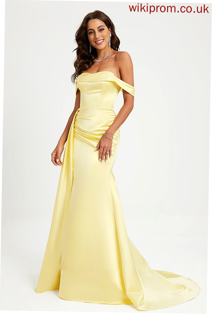 With Ruffle Prom Dresses Off-the-Shoulder Train Sweep Satin Dakota Trumpet/Mermaid