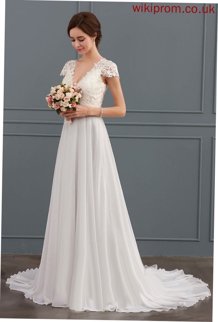 Wedding V-neck Chiffon Wedding Dresses Ruffle Lace A-Line Train With Dress Sweep Miley