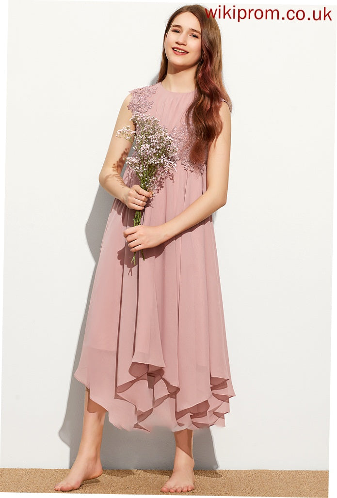 Junior Bridesmaid Dresses Tea-Length Helena Chiffon Lace A-Line Scoop Neck