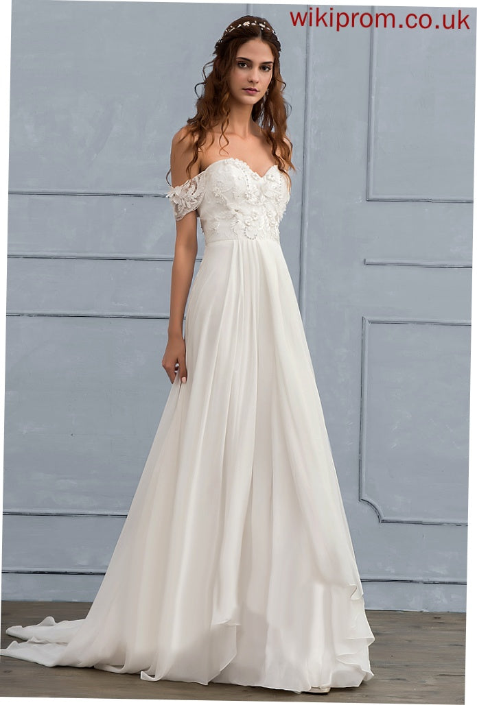 Sweep Chiffon Kierra Beading Dress Flower(s) With Lace Wedding Dresses A-Line Wedding Train Off-the-Shoulder