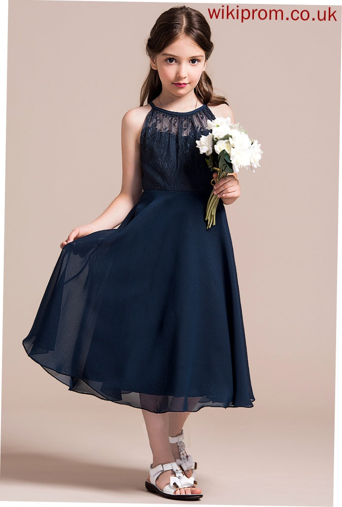 Chiffon With Ruffle A-Line Lace Neck Junior Bridesmaid Dresses Tea-Length Daniella Scoop