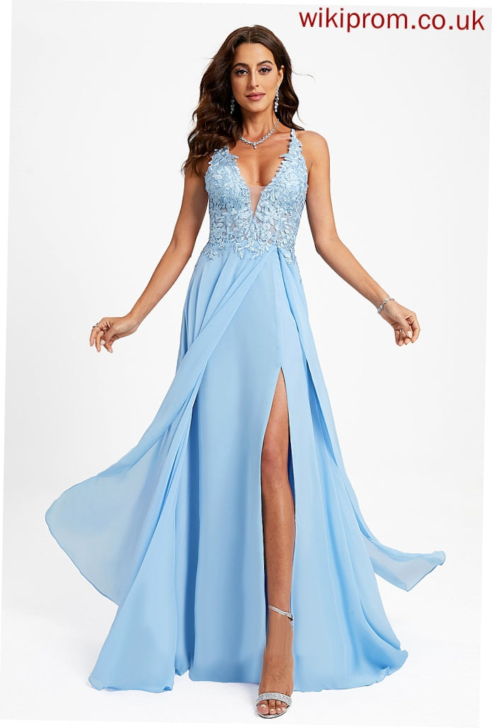 Chiffon V-neck Prom Dresses Sally Floor-Length Lace A-Line