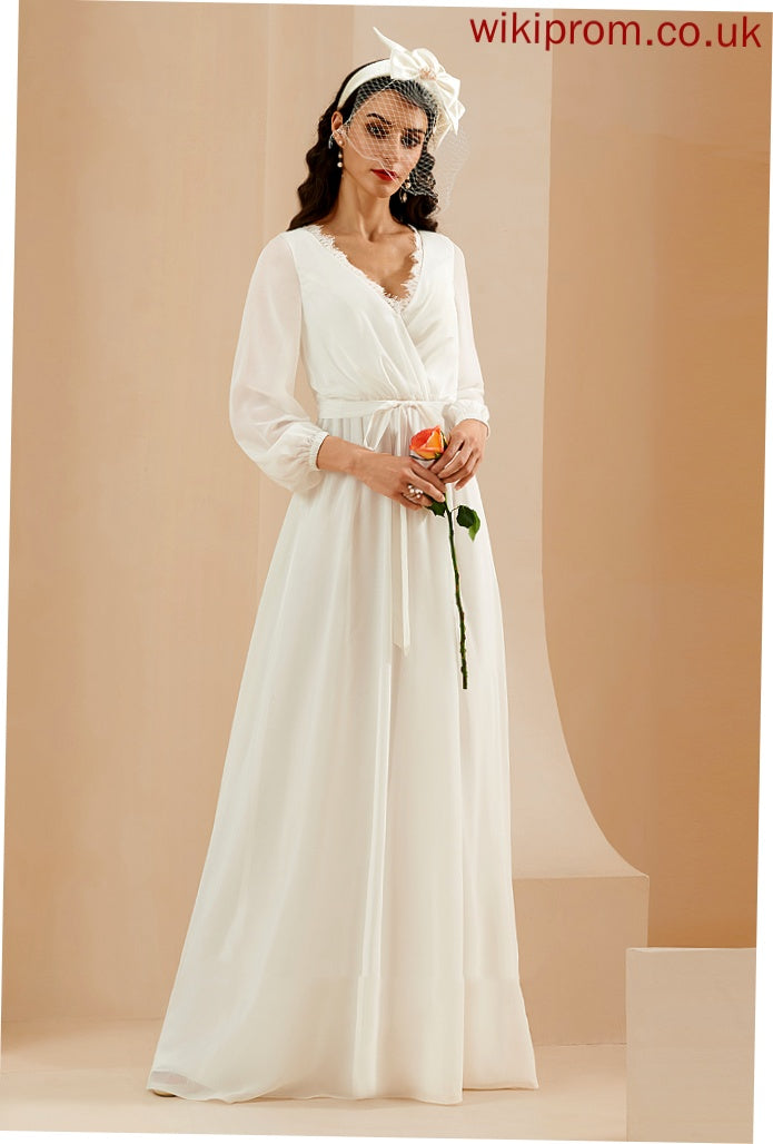 Wedding Casey Front A-Line Chiffon Dress Floor-Length Wedding Dresses With Split Lace V-neck