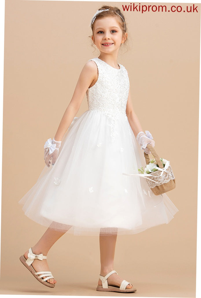 A-Line Scoop Girl Tea-length Bow(s) - Neck Satin/Tulle Flower Girl Dresses With Sleeveless Dress Flower Kali