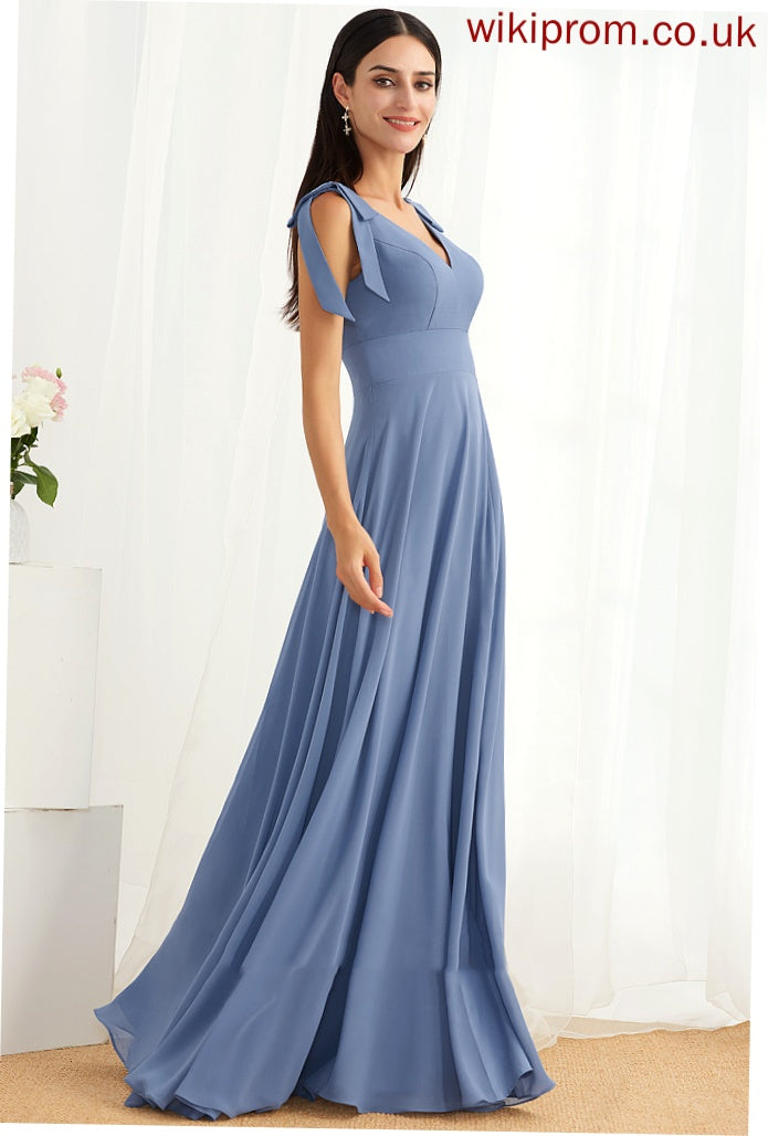 Floor-Length SplitFront A-Line Bow(s) Fabric Length Neckline Silhouette V-neck Embellishment Shayla Sleeveless Bridesmaid Dresses