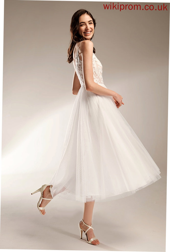 Tulle Tea-Length Wedding Dresses Dress Lace Wedding V-neck A-Line Mariah