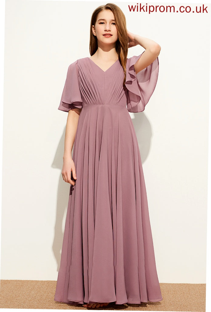 A-Line Ruffle With Chiffon Floor-Length V-neck Junior Bridesmaid Dresses Kara