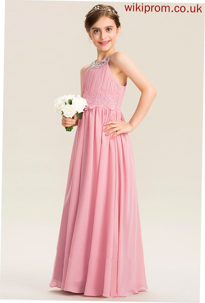 Sequins Neck Heidy Beading With Lace Scoop Floor-Length A-Line Ruffle Junior Bridesmaid Dresses Chiffon