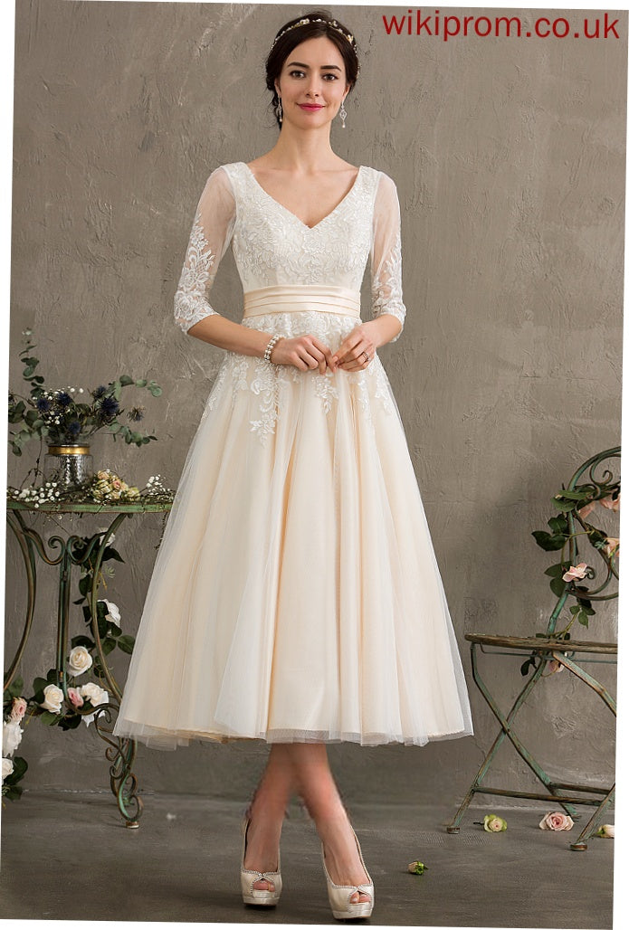 Tea-Length Tulle Dress Alisa Wedding Dresses Ball-Gown/Princess Lace Wedding V-neck