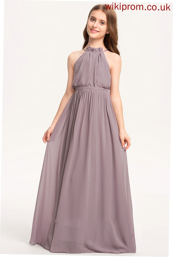 A-Line Cascading Junior Bridesmaid Dresses Bow(s) Floor-Length Ruffles Neck Mya With Chiffon High