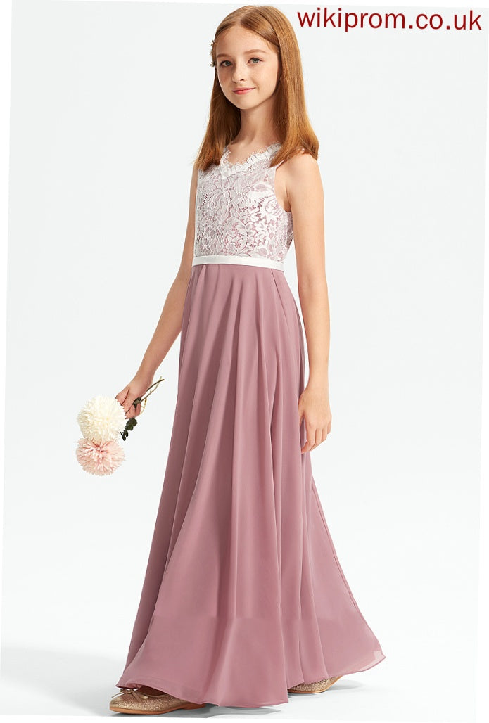 Junior Bridesmaid Dresses V-neck Chiffon A-Line Floor-Length Lace Ava