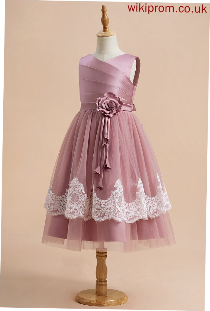 Sleeveless Lace/Flower(s)/Bow(s)/Pleated/V Flower A-Line Girl With Abigail Satin/Tulle Knee-length - Back Flower Girl Dresses V-neck Dress