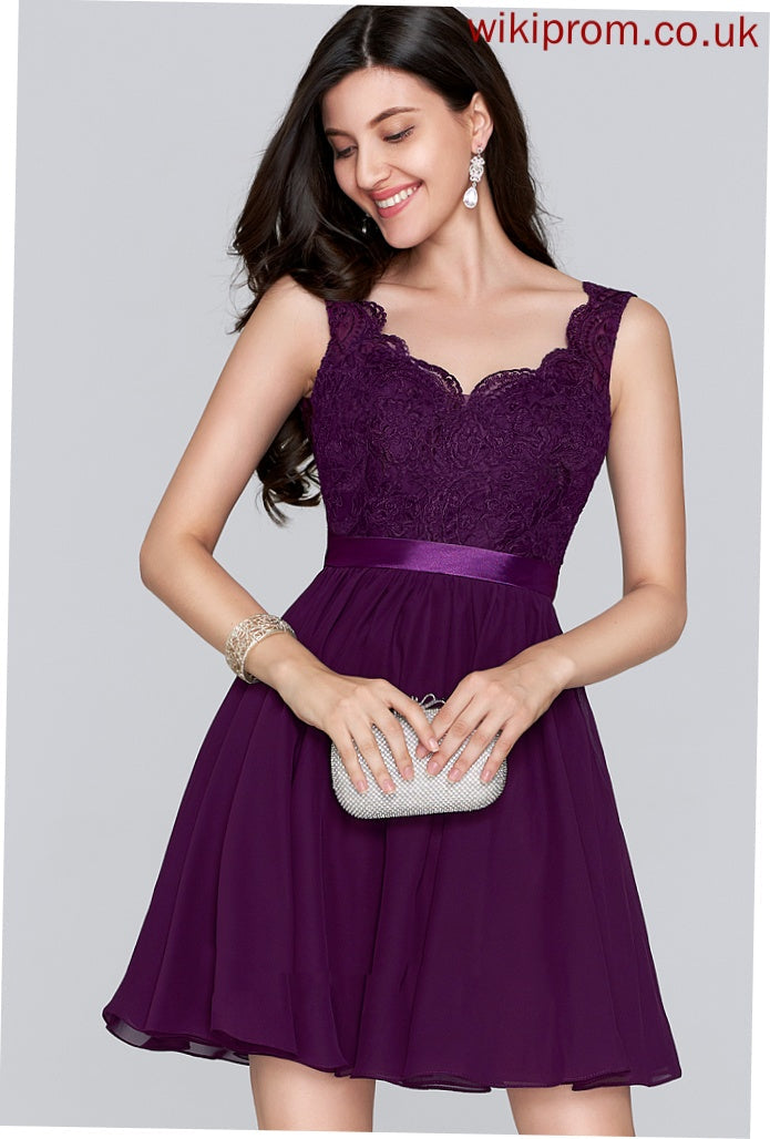 With A-Line V-neck Homecoming Dresses Bow(s) Homecoming Maddison Chiffon Short/Mini Lace Dress