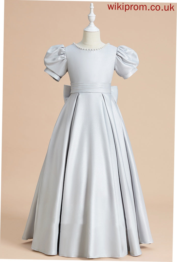 Flower With Scoop Sleeves Girl Floor-length Mavis Flower Girl Dresses Short - Dress Ball-Gown/Princess Satin Bow(s) Neck