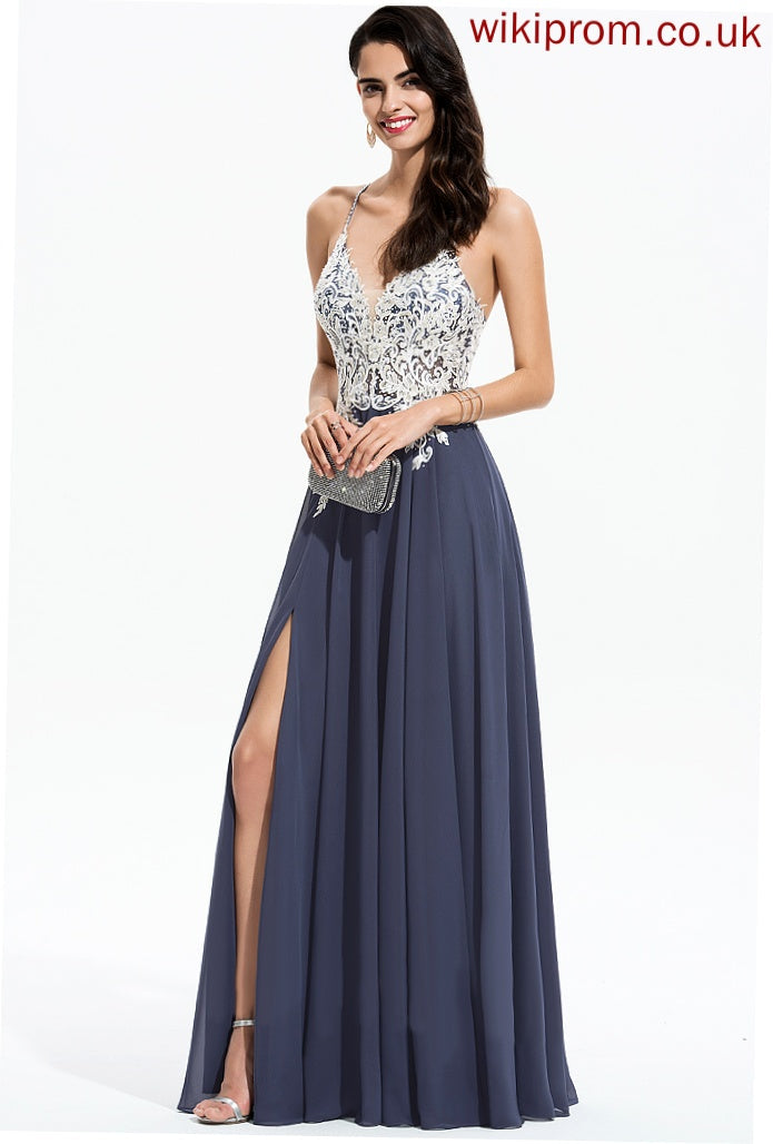 With Aliza Sequins Floor-Length Beading A-Line Chiffon Prom Dresses V-neck