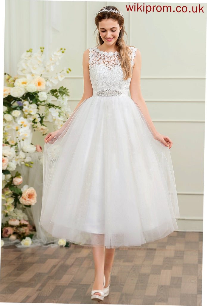 Lace Dress Tulle Makenzie Sequins Satin With Beading Tea-Length Ball-Gown/Princess Wedding Wedding Dresses