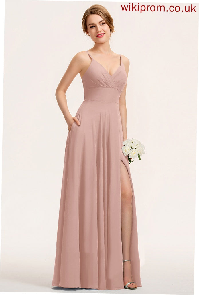 V-neck Floor-Length Neckline A-Line Silhouette Length Embellishment Fabric Ruffle Karly Natural Waist Sleeveless Bridesmaid Dresses