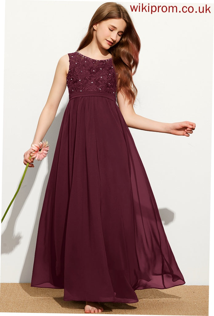 A-Line Sequins Leyla Lace Neck Chiffon Junior Bridesmaid Dresses With Floor-Length Scoop Beading