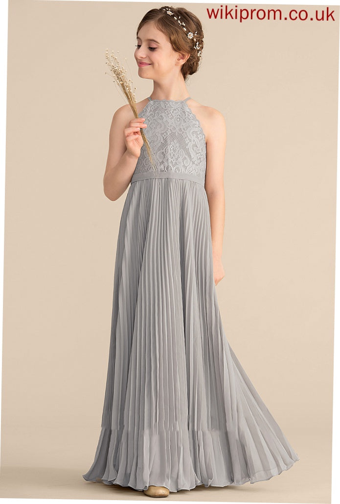 A-Line Scoop Ginny Junior Bridesmaid Dresses With Floor-Length Neck Chiffon Pleated Lace