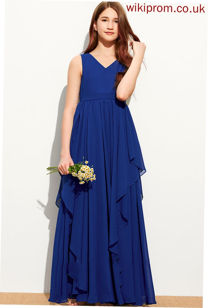 Floor-Length With Cascading Ruffles Chiffon A-Line V-neck Junior Bridesmaid Dresses Mira