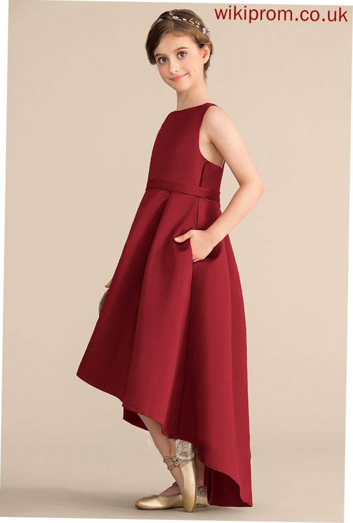 A-Line Teagan Pockets Scoop Neck Asymmetrical With Ruffle Junior Bridesmaid Dresses Satin