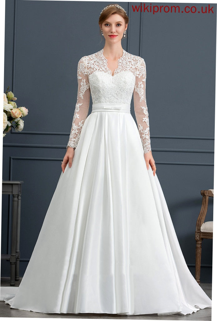 Wedding Dresses Lace Bow(s) Courtney Court Ball-Gown/Princess V-neck With Wedding Train Satin Dress