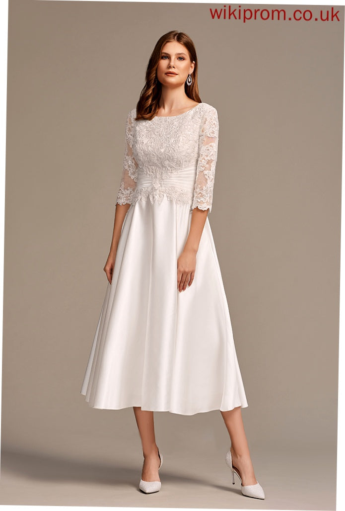 A-Line Wedding Neck Shayla Satin Lace Wedding Dresses Scoop Dress Pockets Tea-Length With