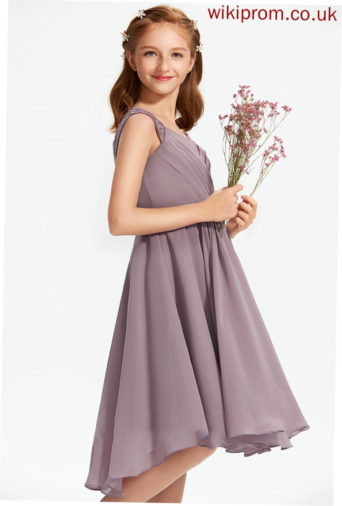 V-neck Knee-Length Junior Bridesmaid Dresses Elliana Lace With A-Line Chiffon Ruffle