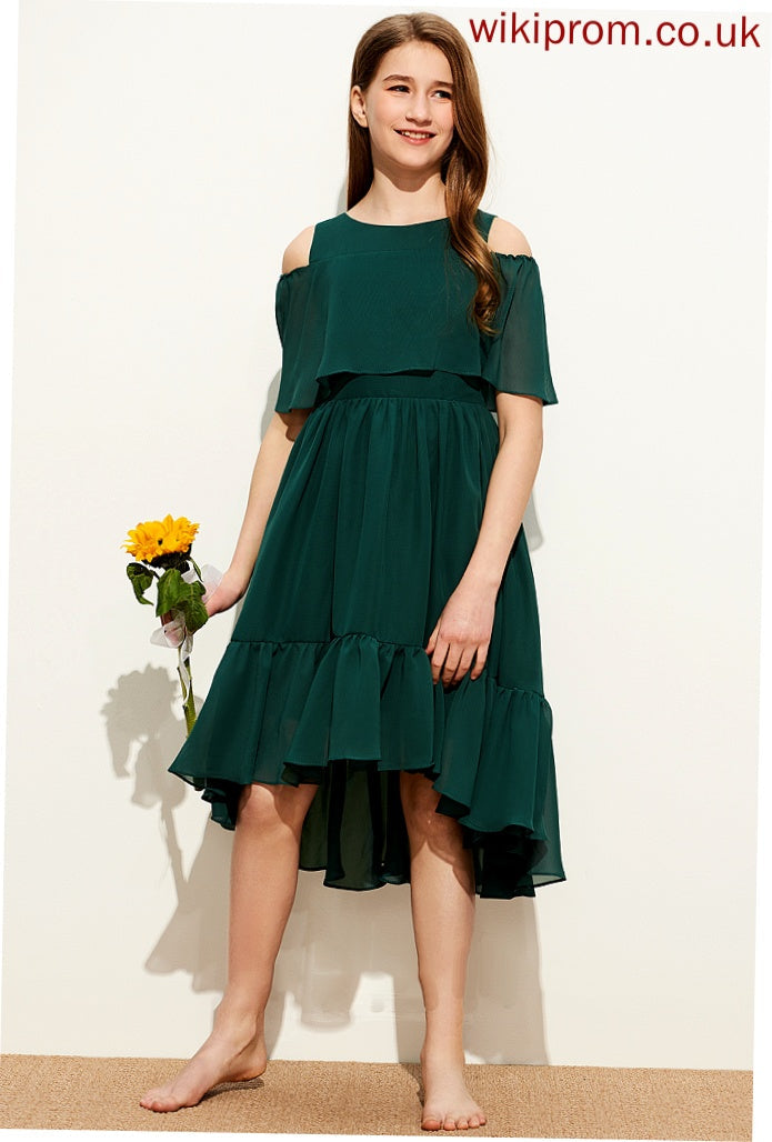 A-Line Elisabeth Asymmetrical Ruffles Junior Bridesmaid Dresses Scoop With Cascading Chiffon Neck