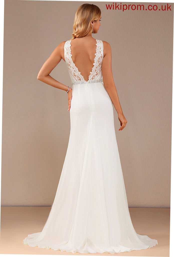 Court Wedding Dresses Lace Gina Train Chiffon Dress Neck Wedding With Beading High Trumpet/Mermaid